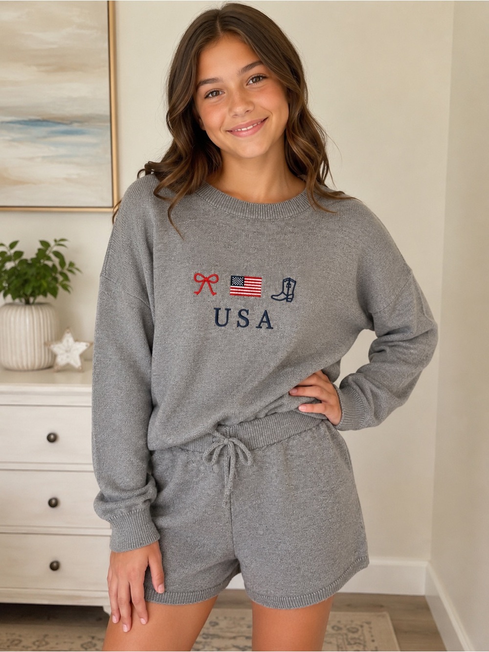 Harper & Ivy Girls Size 14 USA Embroidered Knit Sweater Shorts Set NWT